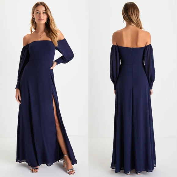 Lulus Feel the Romance Navy Blue Off-the-Shoulder Maxi Dress L Wedding Party - Picture 1 of 9